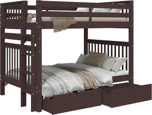 Vista 4 de Bedz King Literas de estilo misión matrimonial sobre completo con escalera de extremo y 2 cajones debajo de la cama, color cereza oscuro