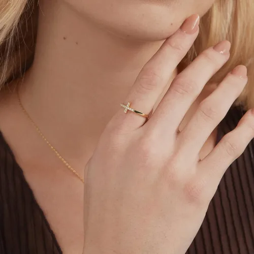 Vista 2 de PAVOI Anillo de cruz chapado en oro de 14 quilates Anillo de compromiso de eternidad para ella Anillo de boda infinito