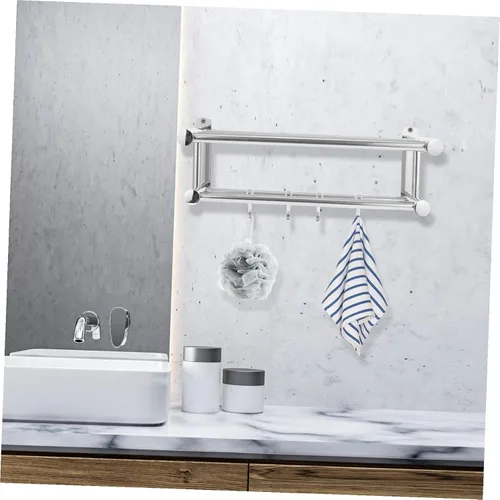 Vista 4 de OSALADI Toallero de baño con,Toallero de baño doble con estante, Toallero doble montado en la pared con estante Estante de baño de hotel de acero
