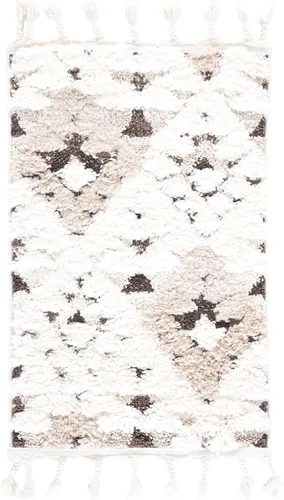 Vista 2 de SAFAVIEH Alfombra marroquí con borlas, 2 x 3 pies, marfil y marrón, no desprende pelusa y fácil de limpiar, textura alta y baja, ideal