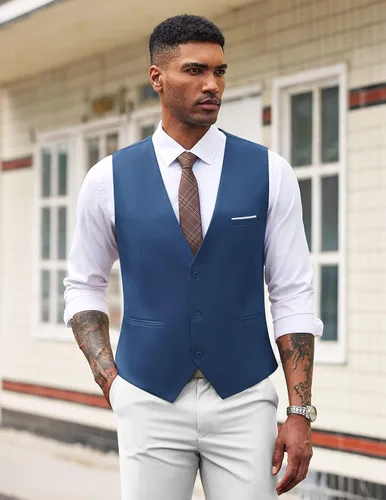 Vista 2 de COOFANDY Chaleco de traje de negocios casual para hombre, ajustado, a la cintura, formal