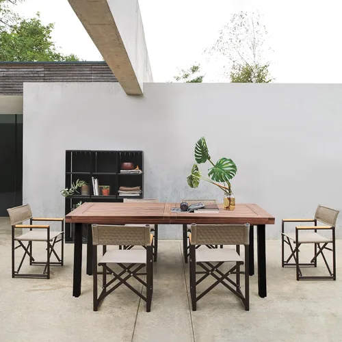 Vista 9 de Mesa de comedor Flamaker para 6 personas de madera de acacia FSC para interior y exterior, mesa de cocina del hogar con patas de hierro, mesa grande