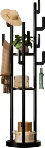 Vista 9 de Yoobure Perchero Giratorio Independiente – Árbol de Abrigos de Madera Maciza con 9 Ganchos y 3 Estantes de Almacenamiento para Cartera, Bolsa