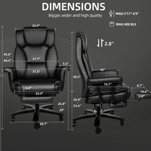 Vista 3 de Silla de oficina reclinable con reposapiés, sillas de escritorio de oficina en casa grandes y altas, 400 libras con respaldo alto, asiento ancho