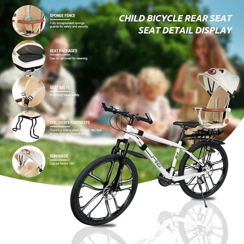 Vista 8 de XIEEIX Asiento trasero de bicicleta para niños, asientos de bicicleta para niños montados en la parte trasera, asiento infantil de montaje trasero
