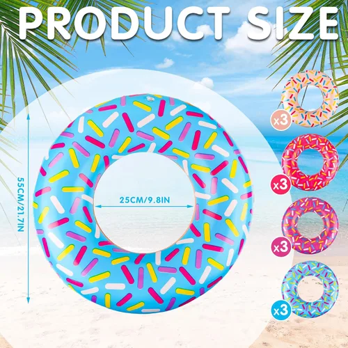 Vista 2 de Meooeck 12 piezas de donas inflables surtidas inflables para piscina, flotadores de tubo circular, decoración de fiesta de cumpleaños, globos