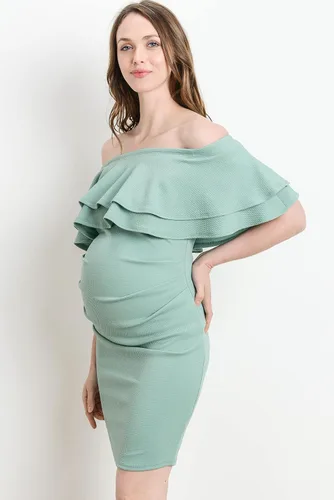 Vista 4 de LaClef Vestido de maternidad con hombros descubiertos para mujer con doble volante