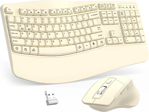 Vista 14 de Combo de teclado y mouse inalámbricos, teclado ergonómico de tamaño completo 2.4G con diseño de teclas onduladas y reposamuñecas, mouse ergonómico