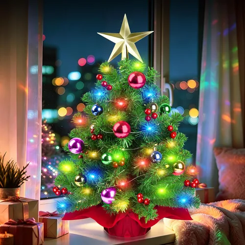 Vista 2 de Small Christmas Tree, 22 in Mini Tabletop Christmas Tree with Colored Ornaments Ball, Star Treetop, Red Berries and Cloth Bag Base,Artificial Xmas