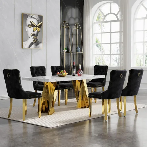 Vista 82 de HomVent - Juego de mesa de comedor de mármol sintético de 68 pulgadas con 4 sillas de terciopelo para cocina Modern Rectangular Faux Marble