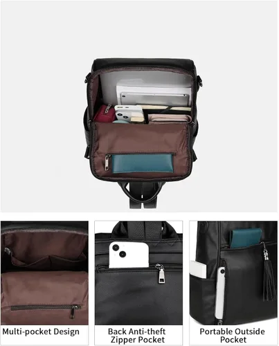 Vista 6 de FADEON Mochila de cuero para mujer, bolso de hombro de diseñador para mujer, bolso de libro de moda de PU convertible de viaje, Fadeon Bolso tipo