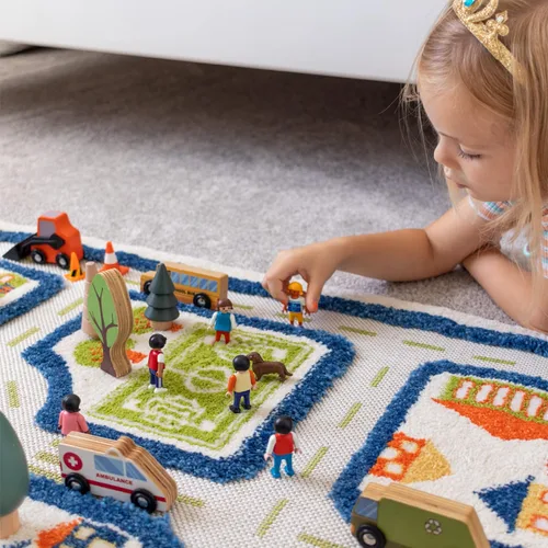 Vista 4 de IVI Alfombra de juego gruesa 3D para niños con diseño de ciudad colorida con campo de fútbol, estacionamiento y carreteras, azul, 32 x 45 pulgadas