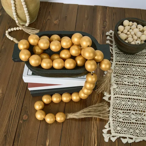 Vista 93 de OMISHE Guirnalda de cuentas de madera extra grande con cuentas de madera y borlas de 1.6 pulgadas de diámetro, cuentas decorativas rústicas de 41