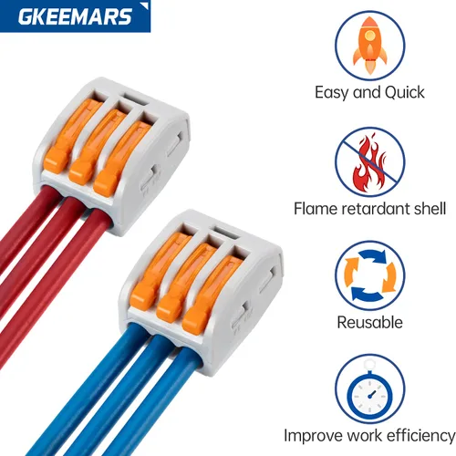 Vista 3 de 50 conectores de cable de palanca, conectores de empalme compactos para cables flexibles trenzados sólidos (3 conductores-naranja)