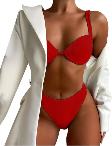 Vista 4 de Conjunto de bikini de dos piezas de corte alto de dos piezas para mujer, con cuello halter, triángulo, con lazo lateral