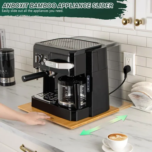 Vista 8 de ANBOXIT Deslizador de electrodomésticos, profundo, mediano y ancho, grande, bandeja deslizante de bambú para cafetera, bandeja enrollable