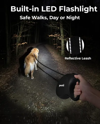 Vista 2 de Pecute Correa retráctil para perro con linterna, correa retráctil resistente de 26 pies para mascotas con luz, control de un botón, protección
