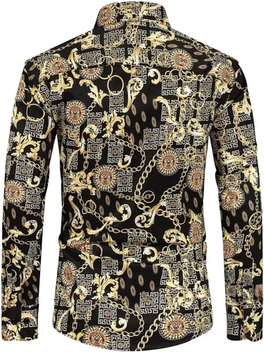 Vista 2 de Bolcguri Camisas de vestir de cadena Buchona de color negro y dorado para hombre, con estampado barroco de lujo, manga larga, con botones, camisa
