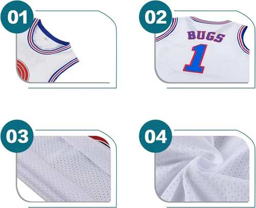 Vista 2 de Pltoquk Camiseta de baloncesto para hombre Bugs #1 Space Movie Jersey Hip Hop Sports Shirt Halloween Party #1 Blanco XS-XXL
