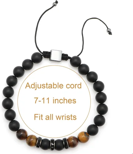 Vista 6 de JoycuFF Pulseras curativas de ojo de tigre para hombres, 0.315 pulgadas, piedra de ágata negra mate para padre, hermano, hijo, novio