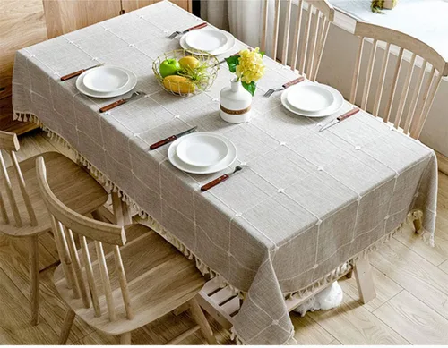 Vista 3 de Mantel rectangular de lino y algodón con borlas para comedor, cocina, decoración de mesa, 36 x 52 pulgadas