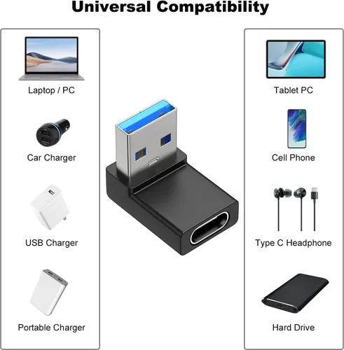 Vista 5 de AreMe Paquete de 2 adaptadores USB A a USB C en ángulo recto de 90 grados Conector USB 3.0 macho a tipo C hembra de ángulo arriba y abajo para PC