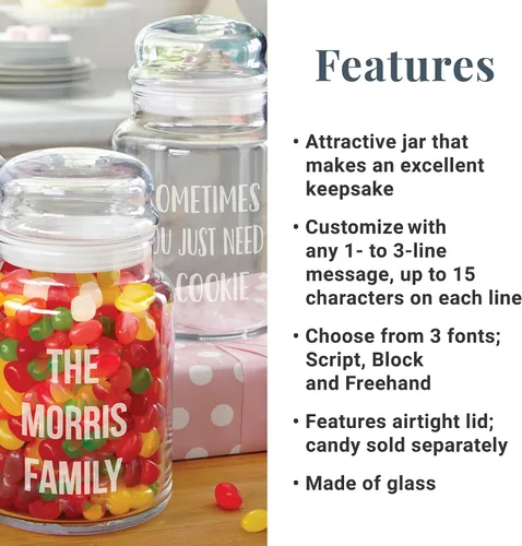 Vista 3 de Let's Make Memories Tarros de cristal personalizados para dulces variados - Cualquier diseño de mensaje, fuente de bloque