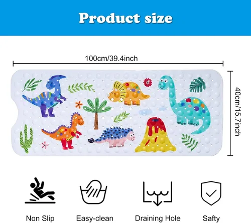 Vista 2 de GDV Tapete de baño para bebé para niños, tapete de baño extra grande de 40 x 16 pulgadas, antideslizante, con dibujos animados, con ventosas