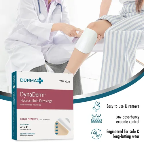 Vista 5 de Dynarex Dürma+ DynaDerm™ Apósito de espuma hidrocoloide - Parche estéril sin bordes para heridas - Resistente al agua - Protección flexible - 4 x 4