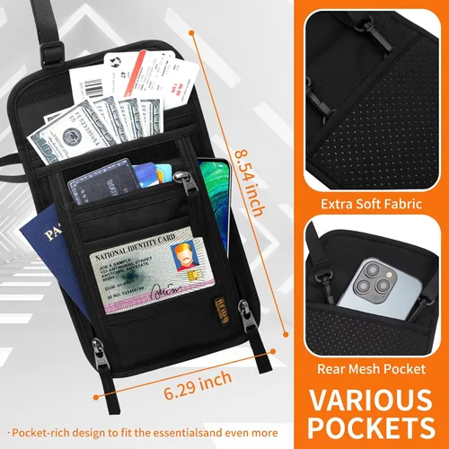 Vista 3 de Cartera de cuello para viajes, bolsa de cuello para pasaporte para hombres y mujeres con correa ajustable para el cuello y bloqueo RFID