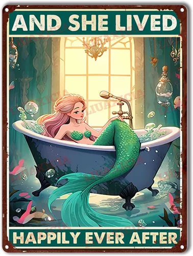 Vista 22 de LIUAXICIA Letrero de lata retro con diseño de sirena y ella vivió feliz para siempre, para decoración del hogar, 8 x 12 pulgadas, pintura de lata