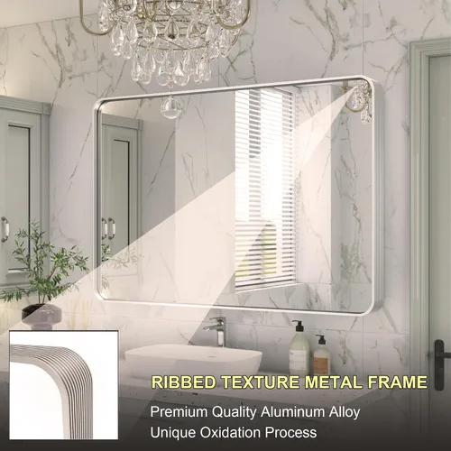 Vista 6 de Espejo rectangular de baño con marco plateado de 40 x 30 pulgadas para pared, moderno espejo de tocador de baño con marco de aleación de aluminio