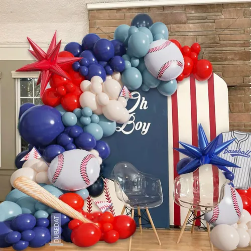 Vista 5 de Kit de arco de guirnalda de globos de béisbol, 141 unidades, rojo, blanco, azul profundo, azul crepúsculo con globos de estrella de bate de béisbol