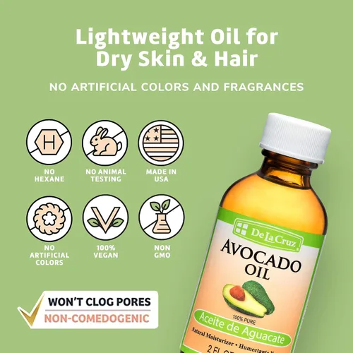 Vista 6 de De La Cruz Aceite de aguacate – Aceite de aguacate 100% puro prensado por expulsor para cabello y cuerpo – Aceite corporal ligero para piel seca – 2