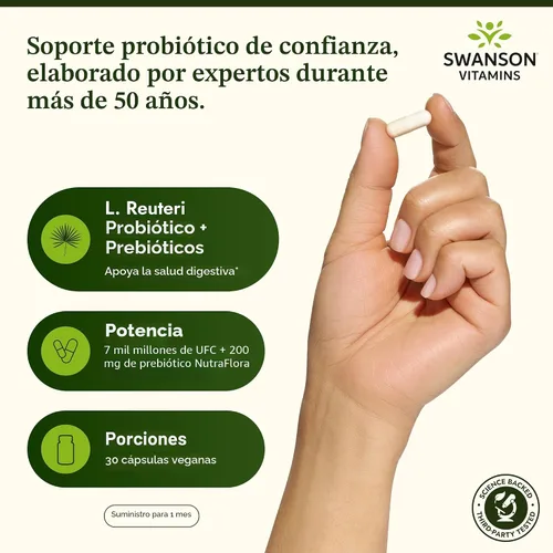 Vista 3 de Swanson L. Reuteri Probiótico Plus con L. Rhamnosus, L. Acidophilus y FOS Prebiótico Apoyo Digestivo - Promueve la Salud Intestinal con 7 mil