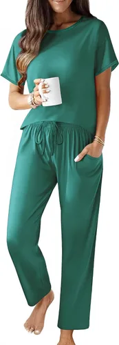 Vista 7 de Ekouaer - Conjunto de pijama de 100% algodón para mujer, manga corta, con pantalón largo, 2 piezas, juego de ropa para dormir con bolsillo