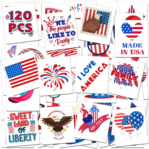 Vista 7 de HSHFAMIIY Trajes para mujer del 4 de julio, tatuajes temporales del 4 de julio, 120 tatuajes patrióticos de bandera de Estados Unidos, bandera