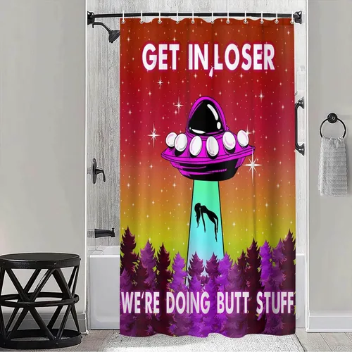 Vista 14 de MERCHR Funny UFO Shower Curtain for Bathroom, Unique Fun Alien Blue Space Starry Sky Forest Fabric Shower Curtains Set, Weird Restroom Decor