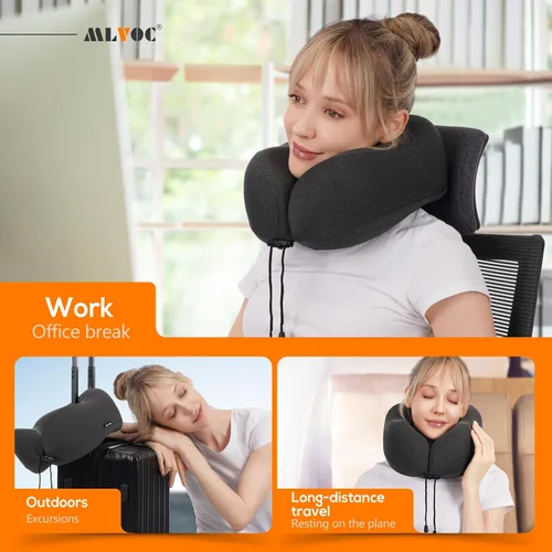 Vista 8 de MLVOC Almohada de viaje 100% espuma viscoelástica pura para el cuello, cubierta cómoda y transpirable, lavable a máquina, kit de viaje para avión