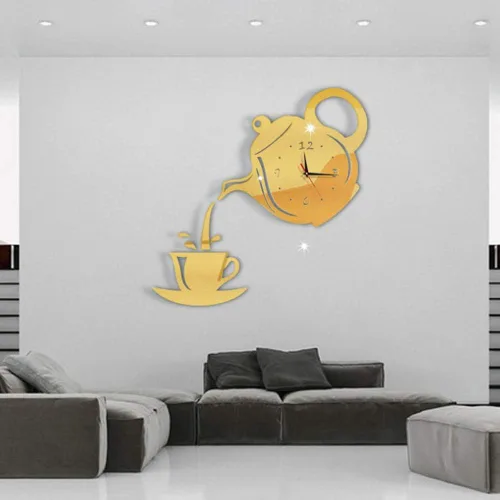 Vista 6 de Kit de reloj de pared sin marco, silencioso, sin tictac, grande, 3D, moderno, creativo, tetera, con espejo, calcomanías de número para sala