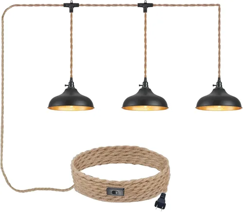 Vista 10 de Luces Colgantes Enchufables Lámpara Colgante de Cúpula Martillada con Interruptor Regulable Cuerda de Cáñamo de 15 Pies de Largo Luz Colgante