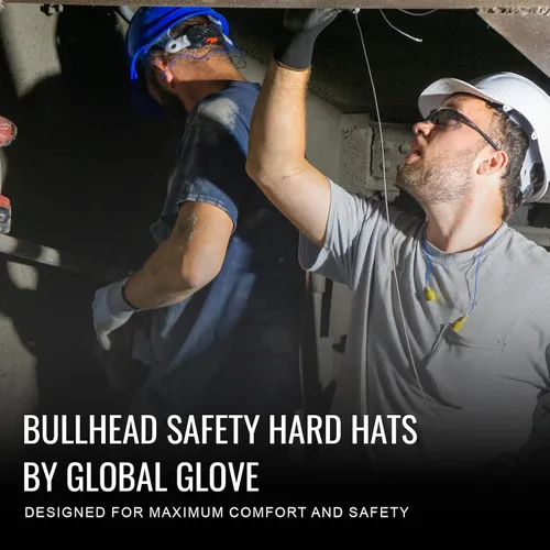 Vista 2 de Casco de seguridad Bullhead Safety de ala completa con suspensión de trinquete de seis puntos, casco de construcción reversible para seguridad