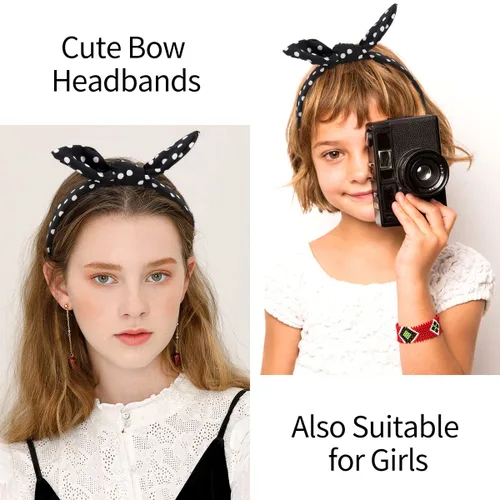 Vista 6 de TOBATOBA Diademas de lazo para mujeres y niñas, paquete de 2 diademas de lunares, lindas orejas de conejo, accesorios para el cabello, rojo y negro