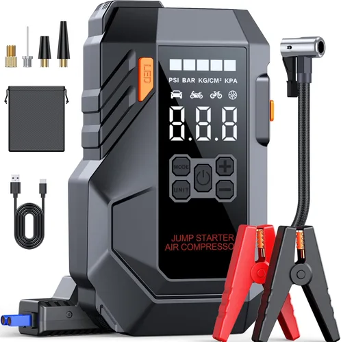 Vista 10 de Iniciador de 10 en 1 con compresor de aire 6000A 26800mAh 160PSI Iniciador de batería de coche portátil (todo gas/12L diésel), caja de arranque