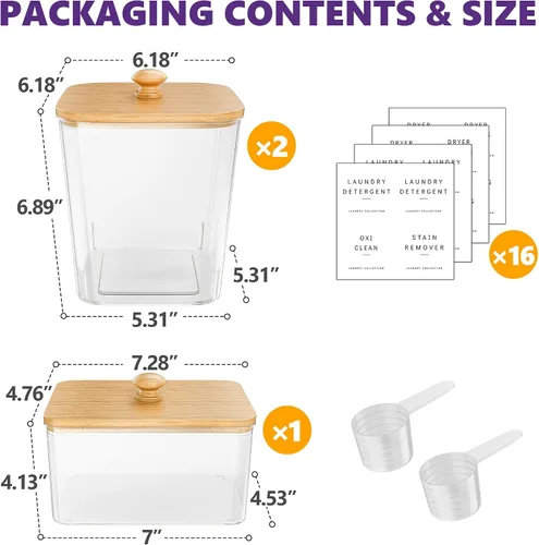 Vista 2 de Moforoco 2+1 Pack Bamboo Laundry Pods Container, Clear Laundry Room Organization Containers,Large Laundry Detergent Powder Storage Containers Lids &