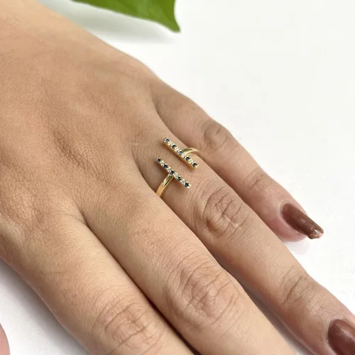 Vista 6 de Anillo de barra abierta de zafiro azul y diamante blanco alternativo para mujer, anillo de barra abierta de zafiro azul con acabado de oro de 14