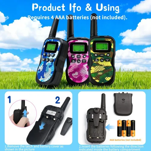Vista 2 de Huaker Walkie Talkies para niños, paquete de 3 unidades de 22 canales de radio de 2 vías con linterna y pantalla LCD, walkie talkies de alcance de 3