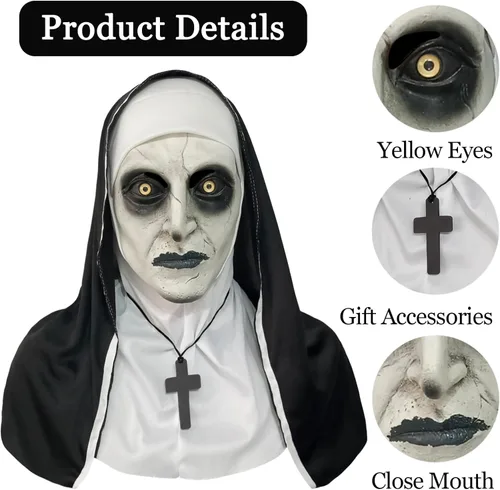 Vista 2 de Scary Nun Latex Mask - Halloween Party Horror Nun Conjuring Cosplay Full Head Creepy Mask