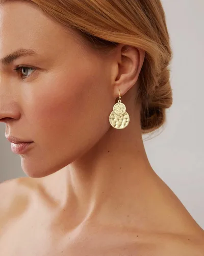 Vista 2 de Pendientes colgantes de disco martillado en oro antiguo estilo boho con joyería de dos tonos para regalo