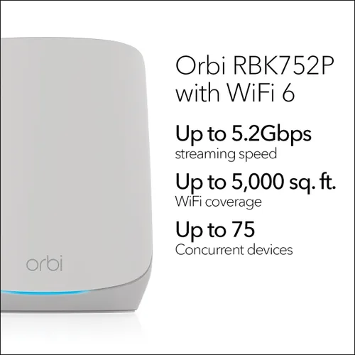 Vista 2 de NETGEAR Orbi Sistema de red de malla WiFi 6 de tres bandas para todo el hogar (RBK752P) - Router con 1 extensor de satélite, características